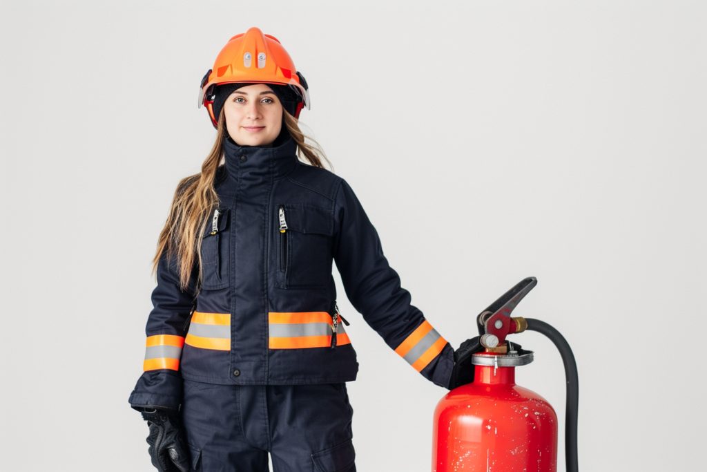 Mulher pronta para atuar na segurança contra incêndio.