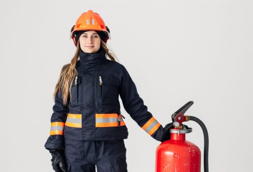 Mulher pronta para atuar na segurança contra incêndio.
